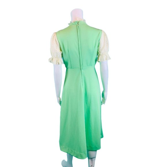 Vintage 70s Mint Dress Womens Small Green Polyester Lace Yoke Mod Babydoll - Picture 8 of 10